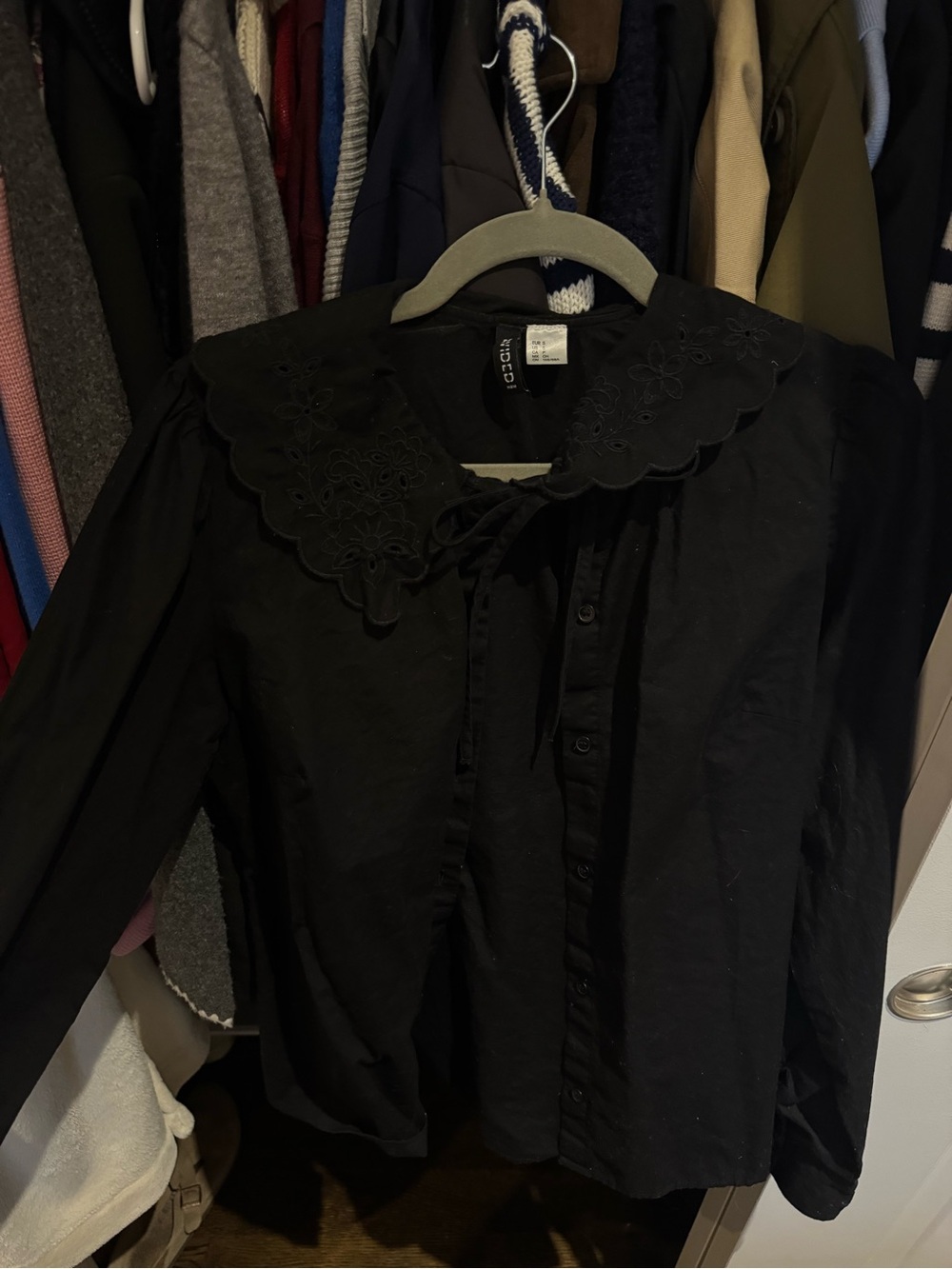 H&M Black Embroidered Scallop-Collar Blouse